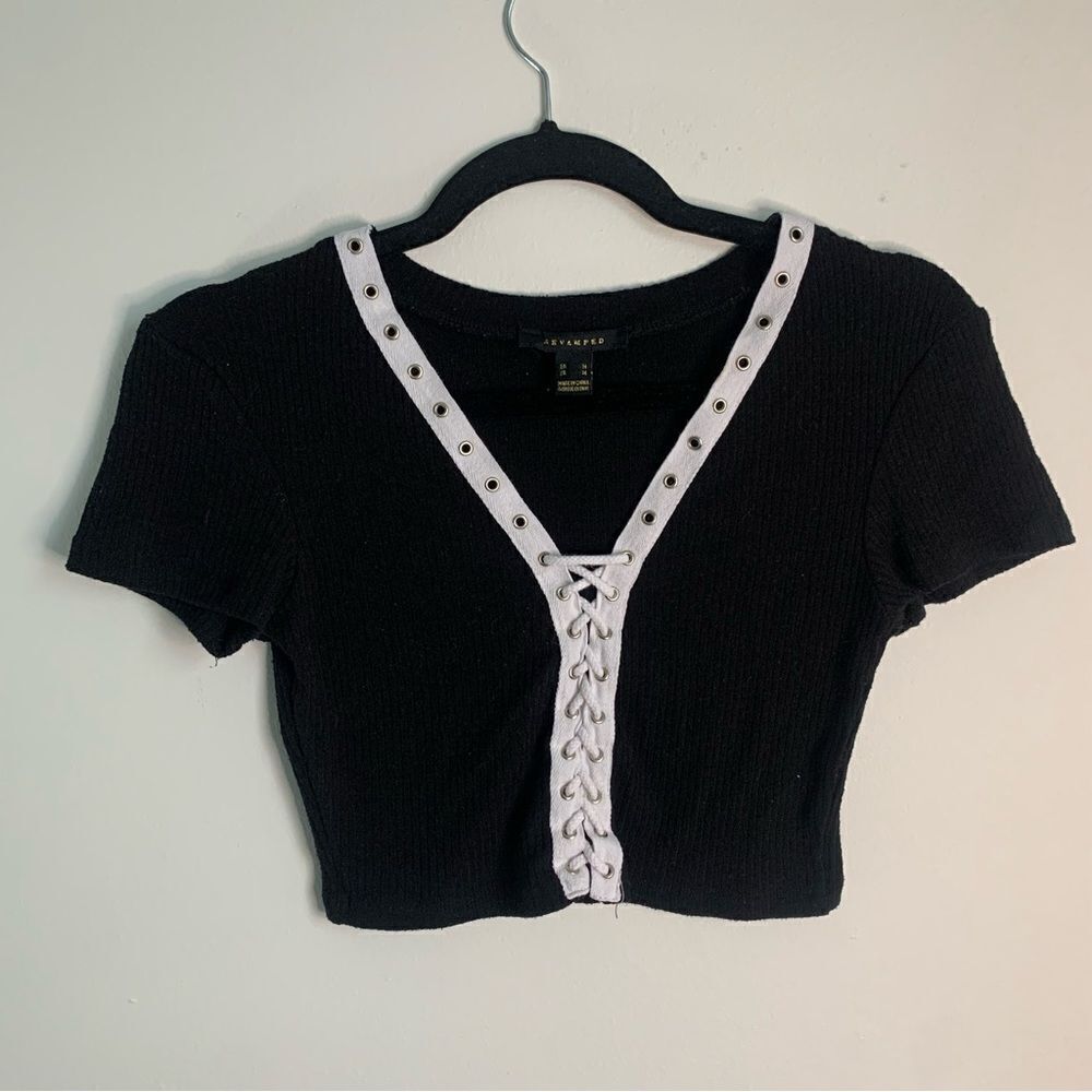 Revamped Black Knit Lace Up Crop Top Size Small